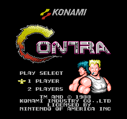 Contra title screen on the NES: PLAY SELECT, 1 PLAYER or 2 PLAYERS