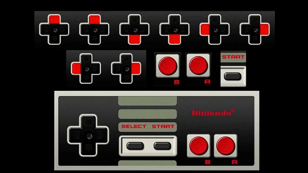 The Konami code drawn on an NES controller: six D-pads showing up, up, down, down, then left, right, left, right, then the B and A buttons