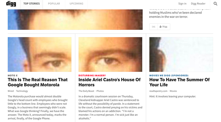 Digg's front page in 2009 after entering the Konami code: every story thumbnail replaced by an extreme close-up of a pair of eyes