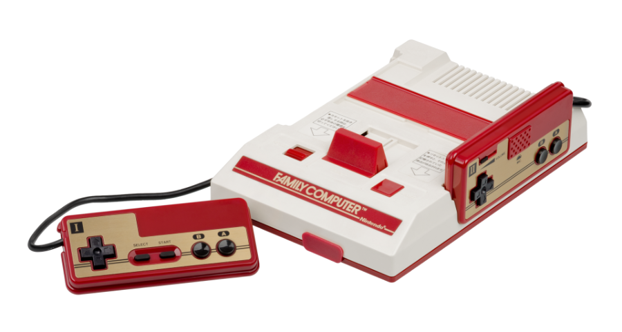 A Nintendo Family Computer console with one controller, showing the cross-shaped D-pad and the B and A buttons