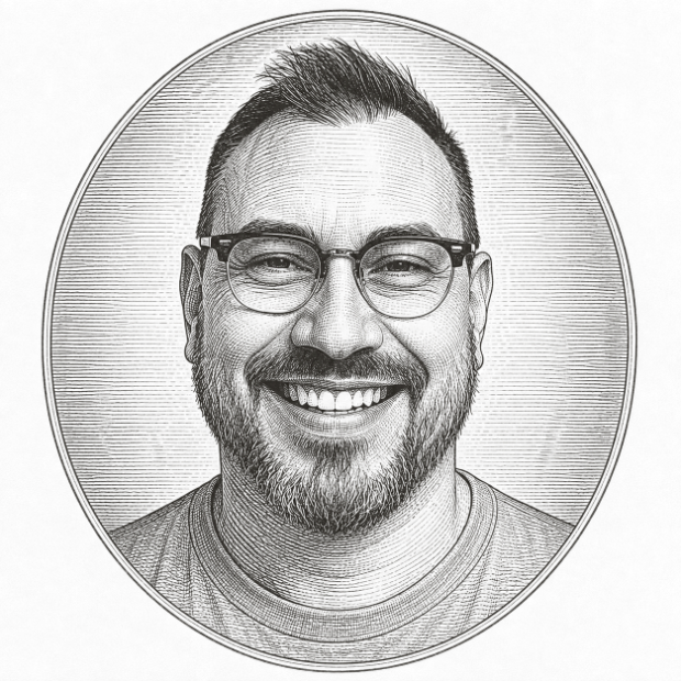 Sean Yo, in a line-engraved portrait